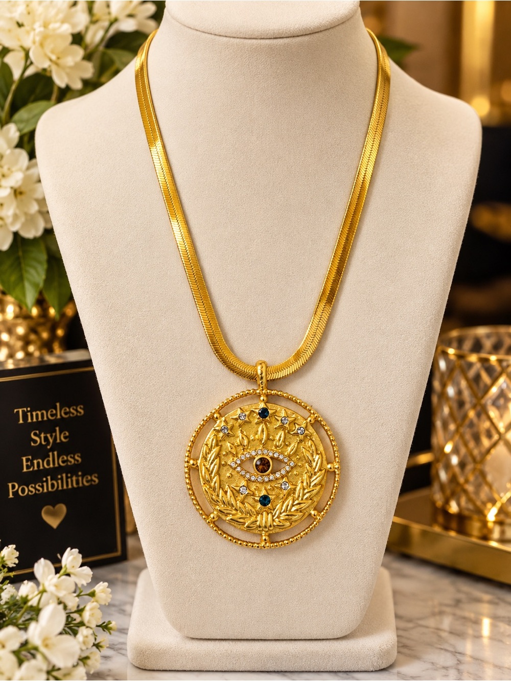 Gold-Tone Medallion Pendant Necklace with Eye Motif